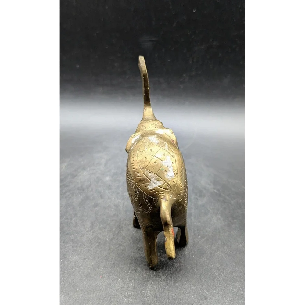 Vintage Etched Brass Elephant‎ Figurine Trunk Up Good Luck Statue India Decor 6